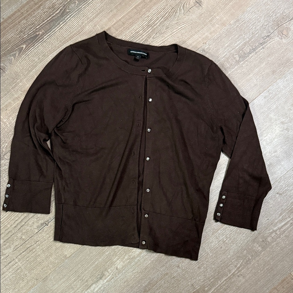 Express Dainty Chocolate Brown Button-Up Cardigan 3/4 sleeve